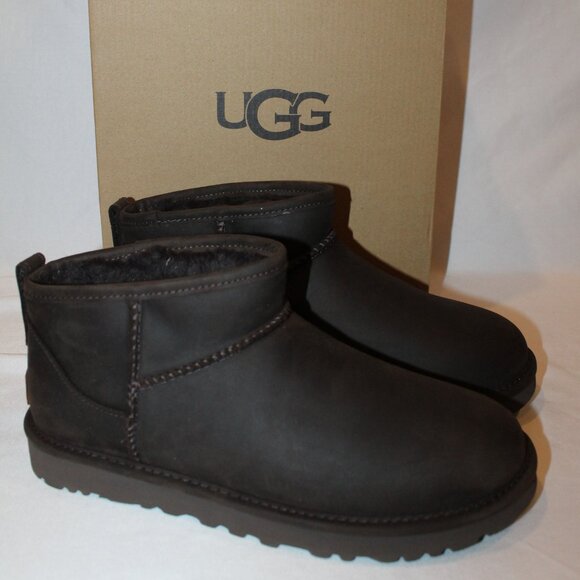 NIB UGG WOMEN'S LEATHER ULTRA MINI SHEARLING LINED ANKLE BOOTS‎ CHOCOLATE BROWN